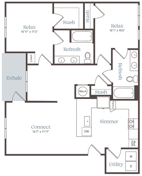 Floor plan for 2 beds, 2 baths, 1142 sqft